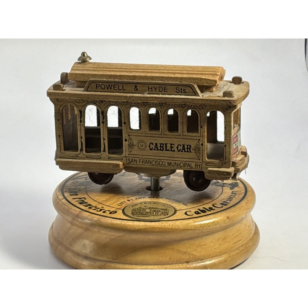 VTG San Francisco Cable Trolley Car Wooden Wind-Up Turntable Music Box Streetcar